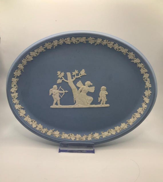 Vintage Wedgwood Blue Jasperware Oval Tray: Psyche & Cherubs Bas