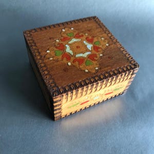 Vintage Pyrography Hinged Box: Eastern European Hand-Painted Wood Trinket Box