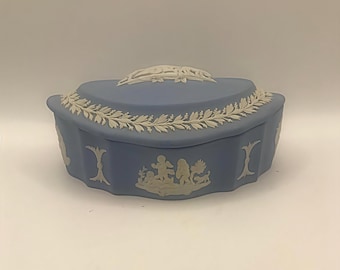 Vintage Wedgwood Blue Jasperware Oval Trinket Box  featuring “Triumphant Putti in Lion Chariot”