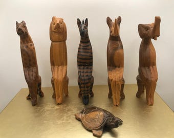 Vintage handgeschnitzte afrikanische Tierskulpturen (5 + 1 Set) - Wamunyu Kenia Kunstfertigkeit in Mahagoni, Palisander & Eisenholz "Serengeti High Rat"