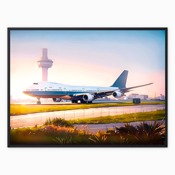 Boeing 747 Sunset Takeoff Digital Art Framed Print Aviation Enthusiast Home Decor Wall Art Digital Aircraft Poster Airplane Lover Gift