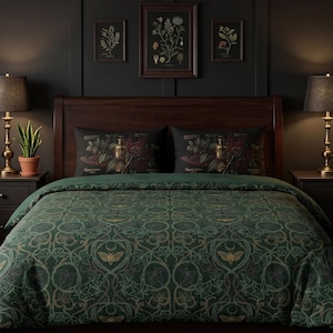 Gothic Duvet Cover, Dark Cottagecore Bedding, Emerald Death Moth Set, Sarcastic Introvert Gift, Forest Moon Quilt