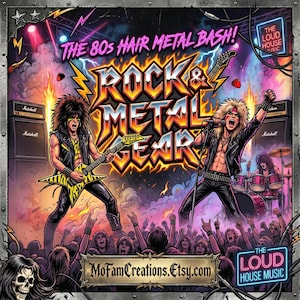 May include: A vibrant, colorful illustration of a rock concert featuring two musicians on stage with guitars and a drum set, surrounded by a cheering crowd. The text reads THE 80s HAIR METAL BASH!, ROCK & METAL GEAR, and MoFamCreations.Etsy.com.