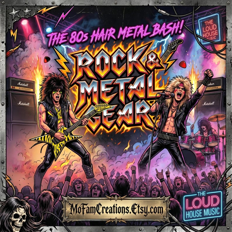 May include: A vibrant, colorful illustration of a rock concert featuring two musicians on stage with guitars and a drum set, surrounded by a cheering crowd. The text reads THE 80s HAIR METAL BASH!, ROCK & METAL GEAR, and MoFamCreations.Etsy.com.