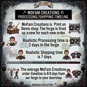 May include: An informational graphic titled MOFAM CREATIONS PROCESSING/SHIPPING TIMELINE EST. 2024. It features cartoon illustrations of a person working, clothing racks, and text explaining a 2-day processing time and 7-day shipping time.