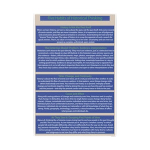 Poster 5 gewoontes van historisch denken, inrichting geschiedenis klas, educatieve kunst aan de muur, cadeau leraar sociale studies, grafiek kritisch denken