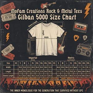 May include: A Gildan 5000 size chart for Mofam Creations Rock & Metal Tees featuring a white t-shirt illustration with length, width, and sleeve length labels. The chart provides measurements in inches for sizes XS through 5XL, surrounded by rock-themed graphics like guitars, concert tickets, and a cassette tape.