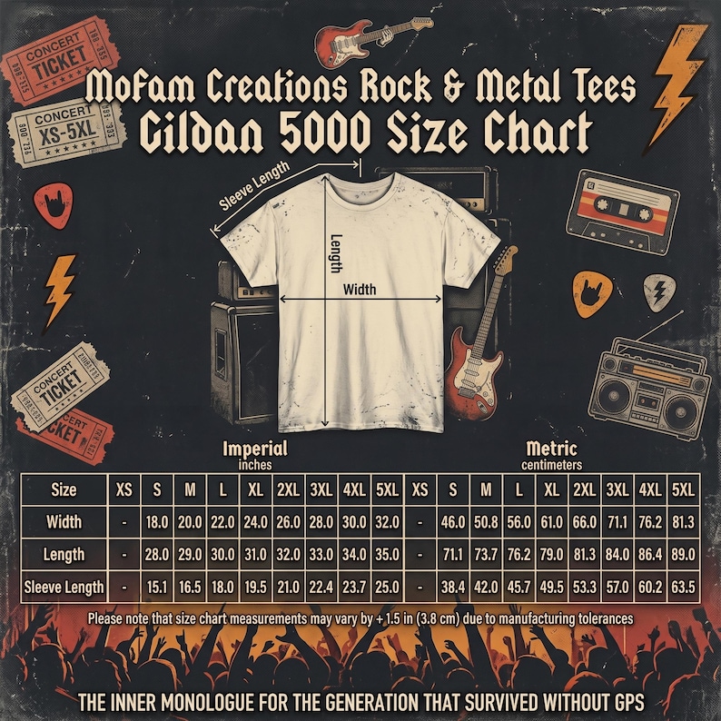 May include: A Gildan 5000 size chart for Mofam Creations Rock & Metal Tees featuring a white t-shirt illustration with length, width, and sleeve length labels. The chart provides measurements in inches for sizes XS through 5XL, surrounded by rock-themed graphics like guitars, concert tickets, and a cassette tape.