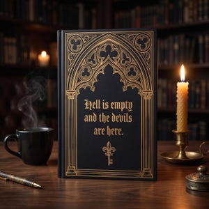 May include: A black hardback book with gold foil detailing featuring a gothic arch design and the text "Hell is empty and the devils are here." A gold fleur-de-lis symbol sits below the text. The book is positioned upright on a wooden surface.