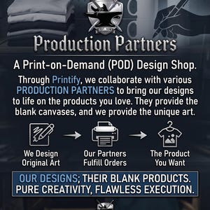 May include: An informational graphic for a print-on-demand shop featuring a stack of shirts, mugs, and a hand holding a pen. Text includes: Production Partners, A Print-on-Demand (POD) Design Shop, We Design Original Art, Our Partners Fulfill Orders, The Product You Want, and OUR DESIGNS; THEIR BLANK PRODUCTS. PURE CREATIVITY, FLAWLESS EXECUTION.
