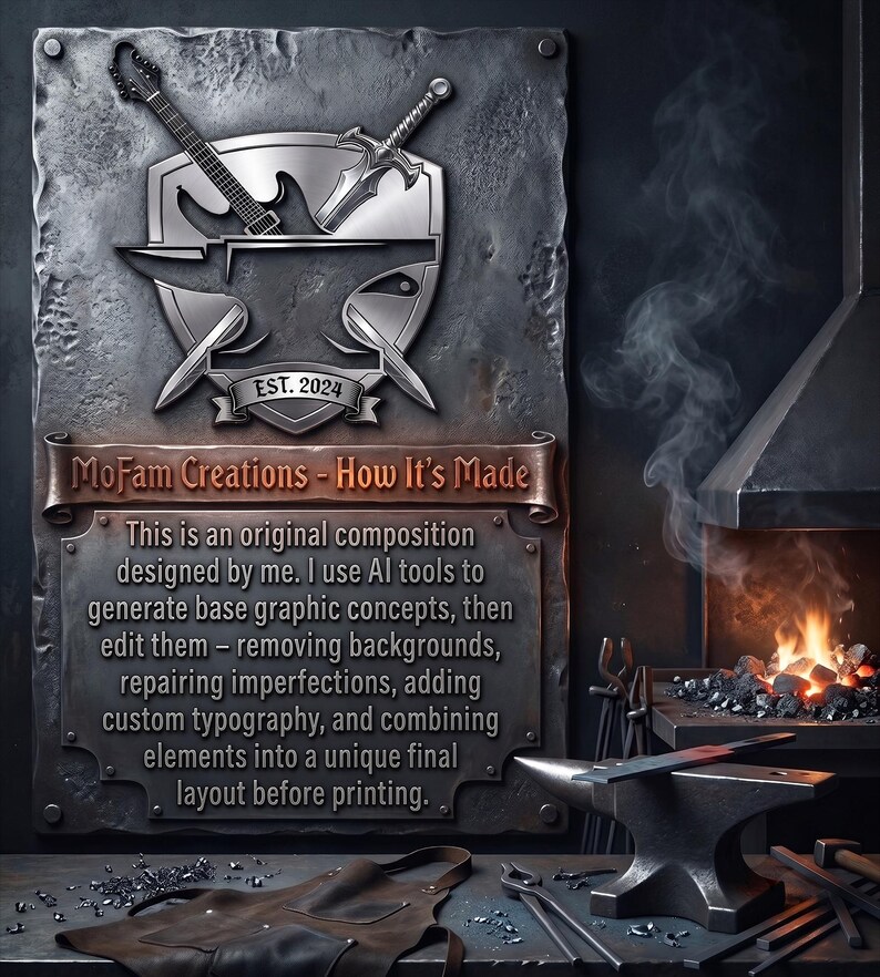 May include: A metal sign featuring a shield emblem with a guitar and sword over an anvil, labeled EST. 2024. Below, the text reads MoFam Creations - How It's Made, followed by a paragraph explaining the design process using AI tools and manual editing.