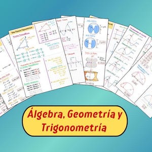 May include: A collection of educational study sheets featuring handwritten mathematical formulas, geometric diagrams, and trigonometric graphs. The papers are arranged in a fan shape above a yellow oval label with the text Algebra, Geometría y Trigonometría.