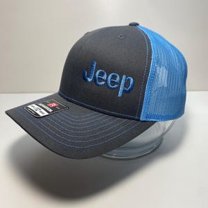 Jeep logo text hat custom embroidery, charcoal/blue Richardson 112 SnapBack hat