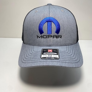 Mopar logo Dodge hat, centered logo, blue M, black text, Richardson 112 SnapBack car enthusiasts.