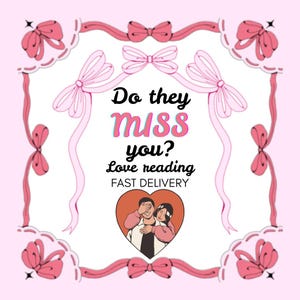 Puede incluir: Diseño de lazo rosa y blanco con el texto "Do they miss you? love reading FAST DELIVERY" y una ilustración en forma de corazón de una pareja.