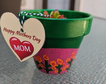 A Hand painted Terracotta Claypot with Jade plant and Mothers Day Tag