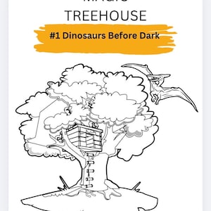 May include: Black and white illustration of a treehouse with a ladder, set in a tree with leafy branches. A pterodactyl flies nearby. The text at the top reads "MAGIC TREEHOUSE" and "#1 Dinosaurs Before Dark".
