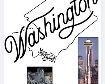 May include: A collage with the word "Washington" in a decorative script, alongside images of the Space Needle, a green apple, a volcanic eruption, a statue, a stick of gum, and the Public Market Center sign.
