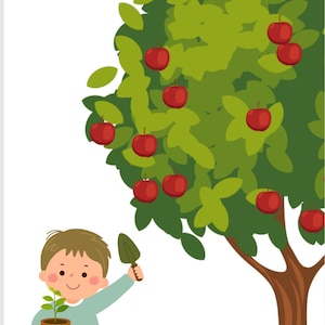 May include: A cartoon illustration of Johnny Appleseed planting a small tree while holding a shovel. A large apple tree with red apples is in the background. A basket of red, green, and yellow apples sits on the ground.