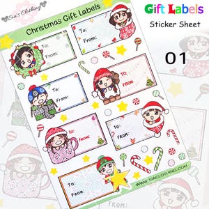 May include: A sheet of Christmas gift labels with cute cartoon characters. The labels have spaces to write "To:" and "From:". The sheet is labeled "Gift Labels Sticker Sheet 01".
