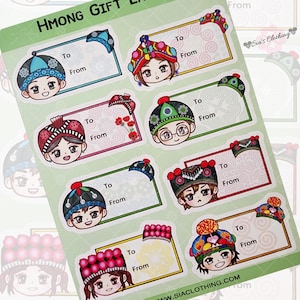 May include: A sheet of Hmong gift labels with cartoon illustrations of people wearing traditional hats. Each label has space for "To" and "From" and decorative borders. The text "HMONG GIFT LIST" is at the top. The website "SIACLOTHING.COM" is at the bottom.