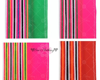 May include: Four fabric swatches with vertical stripes in various colors. The swatches include green, pink, and red backgrounds with stripes of black, white, orange, and yellow. The text "Sia's Clothing" is visible on two of the swatches.