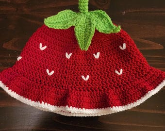 Crocheted Strawberry Bucket Hat- Sizes Babies, toddlers, Adults
