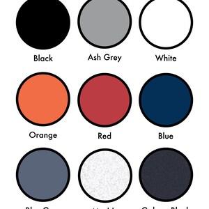 May include: Nine color swatches in circles, showing different colors: black, ash grey, white, orange, red, blue, blue-grey, marble, and galaxy black.