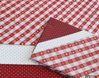 3 Yards Fabric Bundle Dog Paws Plaid Red & White Fun Dog Paw Print Polka Dots Design Precut Fabric Pack Unique Quilting Pawesome Dog Gift