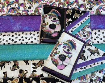 4 Half Yards 1 Fat Quarter and 1 Panel Pack Colorful Dogs Cotton Gold Accents White Black Blue Purple Unique Precut Fabric Quilting Bundle