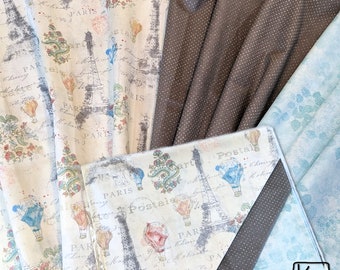 3 Yards Fabric Pack Watercolor Paris Eiffel Tower & Hot Air Balloons Design Cotton Precut Fabric Cream Blue and Gray Bundle Unique Gift