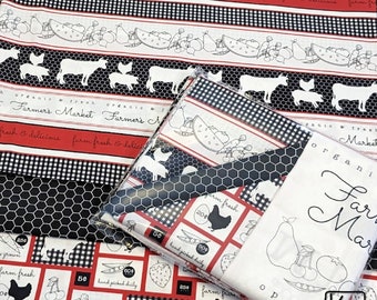 3 Yards and 1 Panel Bundle Farm Animals & Farmer's Market Veggies Precut Fabric Pack Red White and Black Unique Quilting Kitchen Gift