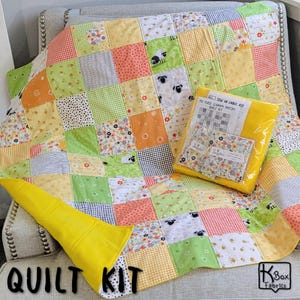 Easy Quilt Kit Precut Ready to Sew Scrappy Patchy Bees & Sheep Design Beginner Kit Cotton Fabric Soft Fleece Backing DIY Baby Shower Gift