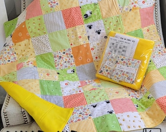 Easy Quilt Kit Precut Ready to Sew Scrappy Patchy Bees & Sheep Design Beginner Kit Cotton Fabric Soft Fleece Backing DIY Baby Shower Gift
