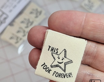 Sew In Label "This Took Forever" Funny Design Small Sewing Tag For Quilts Clothes or Crafts 8 Square Cotton Labels Cute Fun Star Little Tags