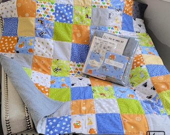 Easy Quilt Kit Precut Ready to Sew Cats & Farm Friends Design Beginner Kit Cotton Fabric and Gray Soft Fleece Backing DIY Baby Shower Gift