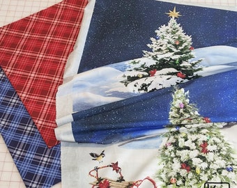 2 Yards & 1 Panel Bundle Christmas Trees Red and Blue Plaid Cotton Fabric Winter Snow Precut Fabric Pack Unique Quilting Holiday DIY Gift