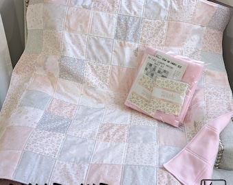 Easy Quilt Kit Precut Ready to Sew Scrappy Patchy Baby Pink Design Beginner Kit Cotton Fabric and Soft Fleece Backing DIY Baby Shower Gift