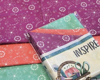 3 Yards and 1 Panel Bundle Sewing Love Inspirational Words Cotton Teal Pink & Purple Precut Fabric Pack Unique Quilting Sewing Crafting Gift