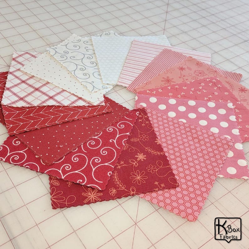 Precut bundle 5" charm pack fabric stacker includes 42 square 5" x 5" pieces. Kimberbell Basics The Be Mine line from Maywood Studio. Red, Pink and White quality quilting cotton fabric charm pack. Precut quilting cotton squares great blenders for quilting and embroidering. Great fabric bundle for quilters and crafters.