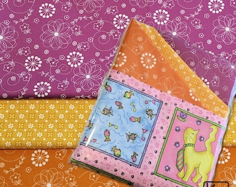 3 Yards and 1 Panel Bundle Colorful Cats Cotton Purple Yellow & Orange Precut Fabric Pack Unique Quilting Fabric Cute Cat Fun Gift