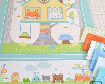 6 Fat Quarters & 1 Panel Playhouse Pals Collection Cute Animals Quality Quilting Cotton Fabric Precut Pack Baby Nursery Design