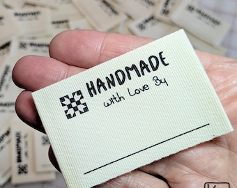 Sew In Label "Handmade With Love By" Quilt Star Block Design Write in Tag For Quilts Clothes Crafts 4 Organic Cotton Fun Little Sewing Tags