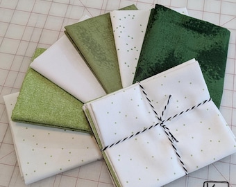 6 Fat Quarter Bundle Green and White Blender Basics Designer Quality Quilting Cotton Fabric
