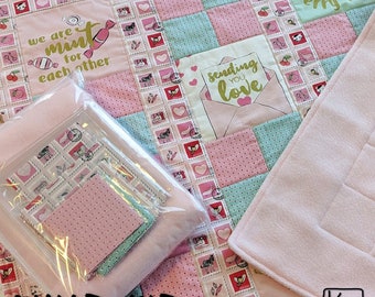 Easy Quilt Kit Precut Ready to Sew Cotton Fabric and Soft Fleece Backing Cute Pink Love Notes Great Beginner Kit Unique Kids Learning Gift