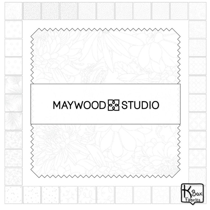 Precut bundle 5 inch charm pack fabric stacker includes 42 pieces. Cotton fabric charm pack from Maywood Studio. This cute white on white charm pack has hearts, stars, swirls, flowers and so much more. Great fabric bundle for quilters and crafters.