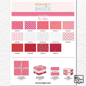 Op de afbeelding: Een stoffencollectie genaamd "Be Mine" met diverse roze en rode patronen, waaronder stippen, strepen en bloemmotieven. De afbeelding toont ook voorgesneden stofvierkanten, fat quarters, charms en stroken, perfect voor quilt- en knutselprojecten.