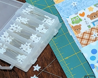 Flat Head Quilting Pins Numbered & Directional Cute White Stars Box of 115 Easily Organize Quilt Pieces Long Sewing Markers Quilters Gift