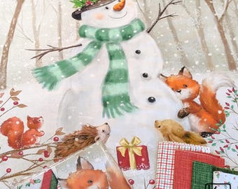 Paquete de tela de 3 yardas y 1 panel con diseño de muñeco de nieve y animales del bosque. Tela de algodón de calidad para acolchado. Paquete de telas precortadas para las fiestas.