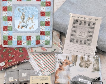 Kit de acolchado fácil. Tela de algodón precortada y lista para coser, con respaldo de suave forro polar. Diseño "Un día de nieve con lindos animales". Kit ideal para principiantes.